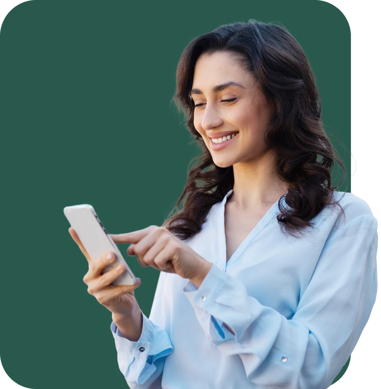 Smiling woman tapping her phone